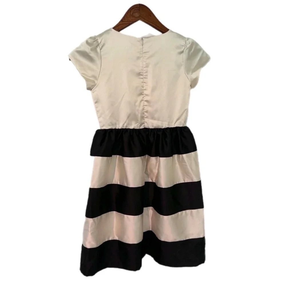 Gymboree Stripe Bow Party Dress Girls 8 Cream Black Excellent Satin Special